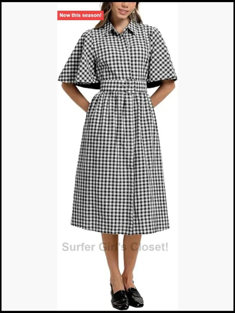 Women's Plaid Shirt Dress Button Down V Neck Cape Sleeves Midi with Belt Pocket